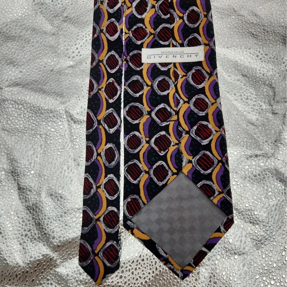 Tie Givenchy Monsieur 100% Silk Abstract Geometric Yellow Purple Necktie USA VTG